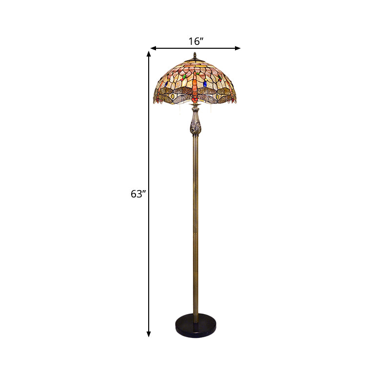 Dragonfly Shell Tiffany Style Floor Reading Light - 2 Lights White Pull Chain Bowl Shade