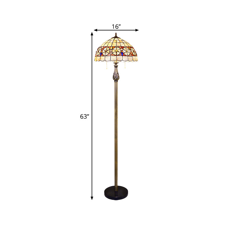 Red Floral Tiffany Shell Scalloped Dome Floor Lamp With 2 Heads
