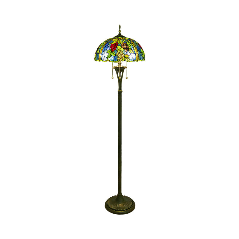 Tiffany Style Glass Floor Lamp With Pull Chain - 3 Bulbs Flower/Grapes Design In Blue/Green Or