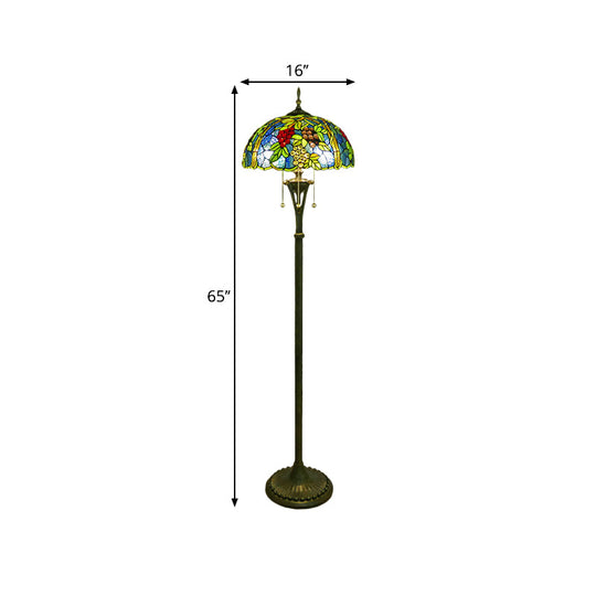 Tiffany Style Glass Floor Lamp With Pull Chain - 3 Bulbs Flower/Grapes Design In Blue/Green Or