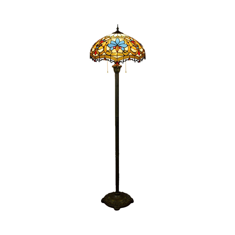 Tiffany Style Stained Glass Floor Lamp With Brass Finish And Pull Chain - Scalloped Dome Design 2