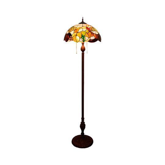 Copper Floor Lamp With Scalloped Cut Glass & Mediterranean Leaf And Grape Pattern - 3 Bulbs