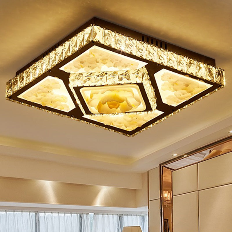 Simplicity Flushmount With Jade Lotus Design In Chrome - Square Bedroom Ceiling Led Crystal Flush