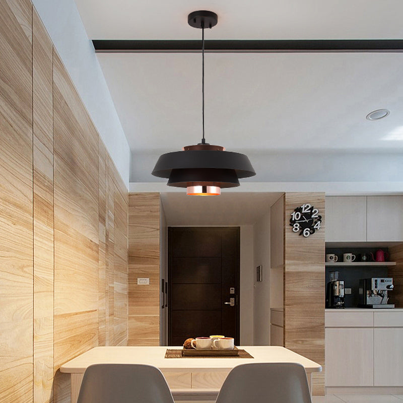 Contemporary 3-Tiered Suspension Pendant - Metal 1 Bulb Ceiling Light For Dining Room In Black/White