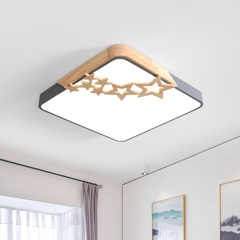 Modern Led Square Acrylic Flush Mount Lamp With Grey/White Ceiling Light Fixture And Wooden Star