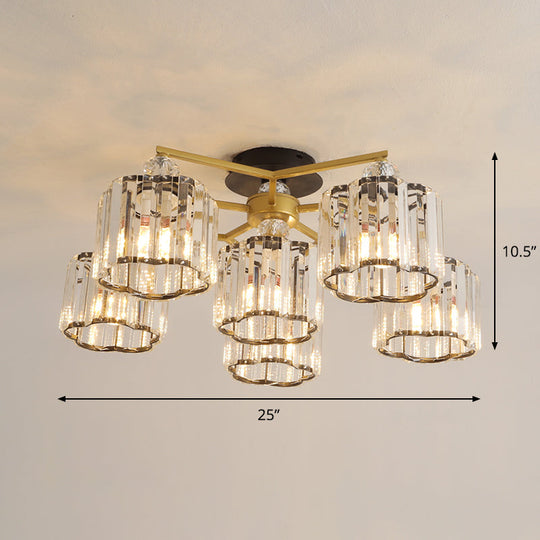 Gold Floral Cylinder Crystal Guest Room Semi Flush Ceiling Fixture (4/6/7-Light) - Minimalist Design