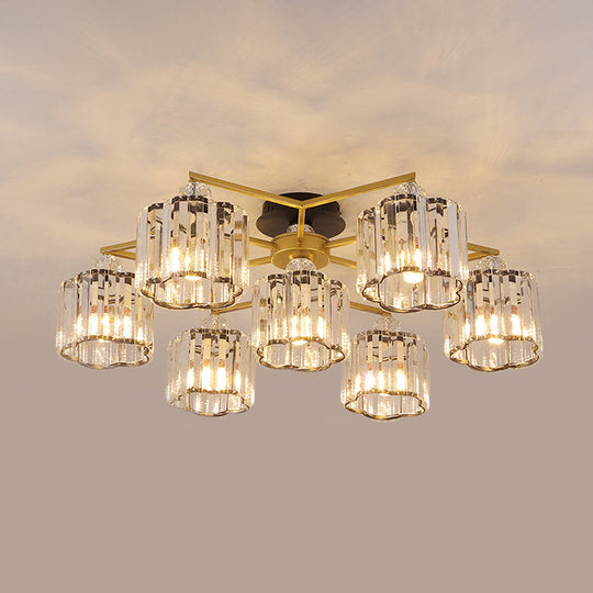 Gold Floral Cylinder Crystal Guest Room Semi Flush Ceiling Fixture (4/6/7-Light) - Minimalist Design