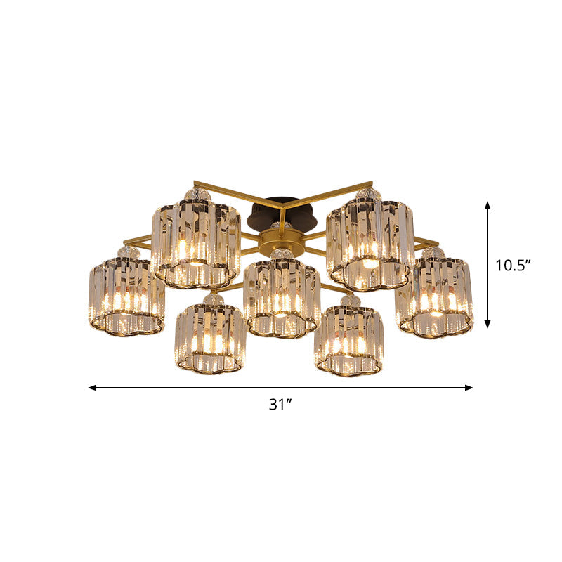 Gold Floral Cylinder Crystal Guest Room Semi Flush Ceiling Fixture (4/6/7-Light) - Minimalist Design