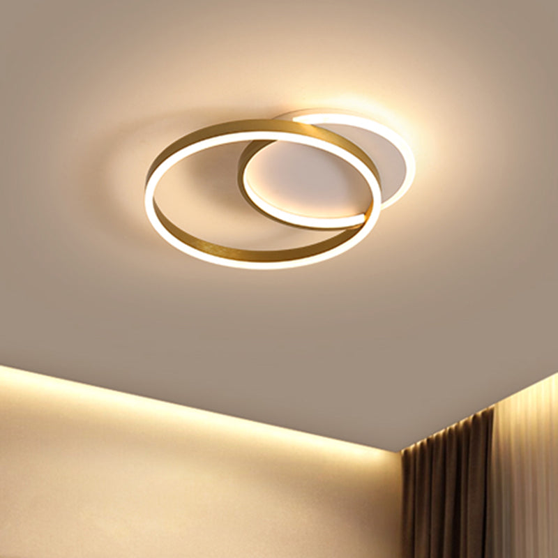 Modern Gold/Coffee Double Hoop Flush Ceiling Light - Led Metallic Mount Fixture (16/19 Width) For
