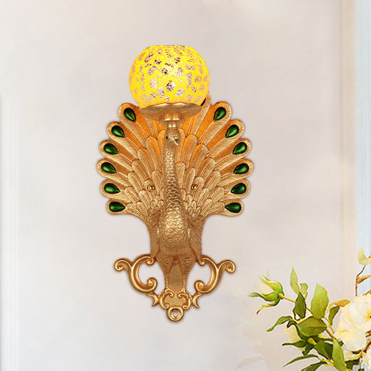 Gold Peacock Wall Lamp With Crackle Glass - Country Bubble Design