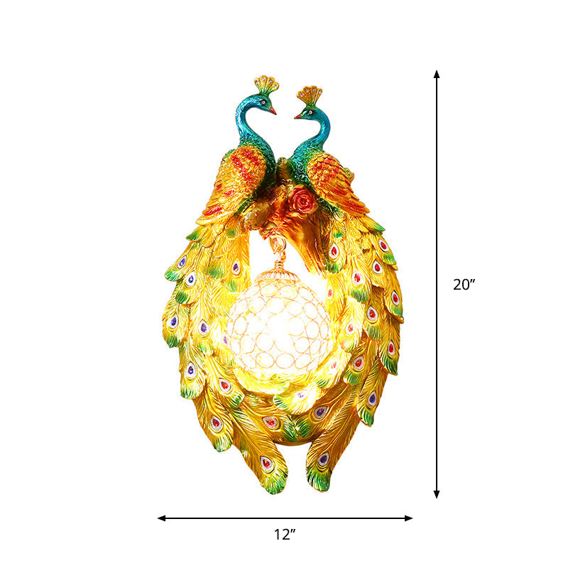 Vintage Resin Peacock Wall Lamp With Clear Crystal Shade - Yellow Single Bulb Light Fixture