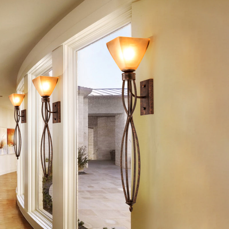Rustic Amber Glass Trapezoid Corridor Wall Mounted Lamp - Single Light With Twisted Line Arm Rust