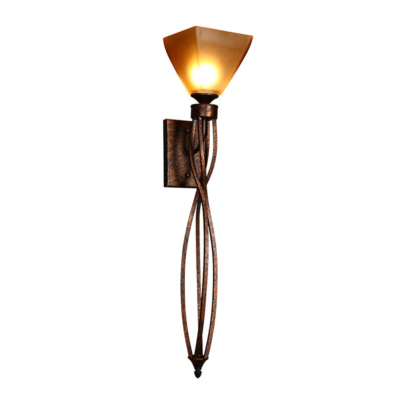 Rustic Amber Glass Trapezoid Corridor Wall Mounted Lamp - Single Light With Twisted Line Arm