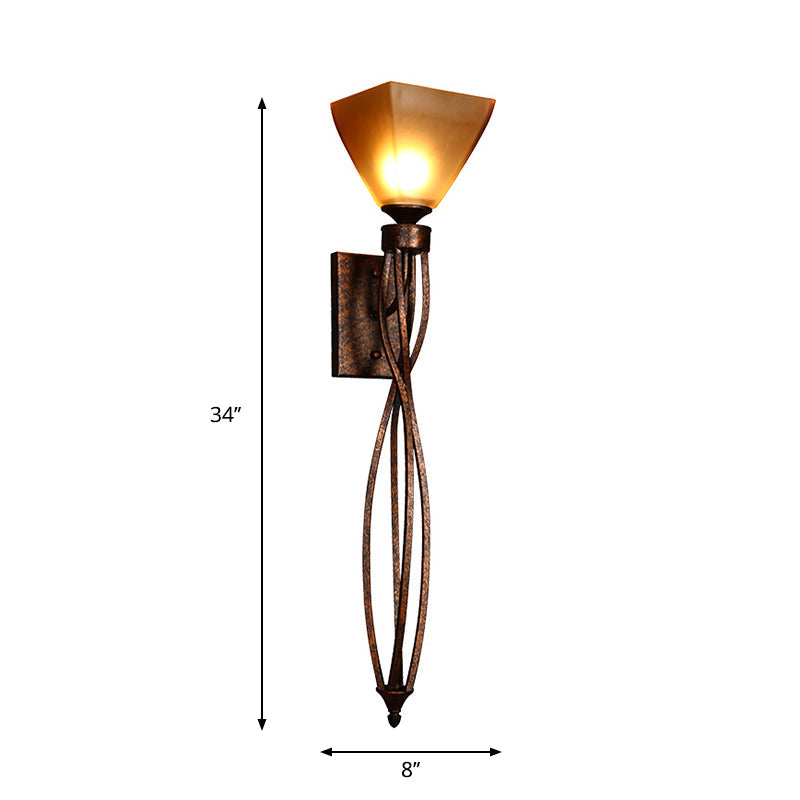 Rustic Amber Glass Trapezoid Corridor Wall Mounted Lamp - Single Light With Twisted Line Arm