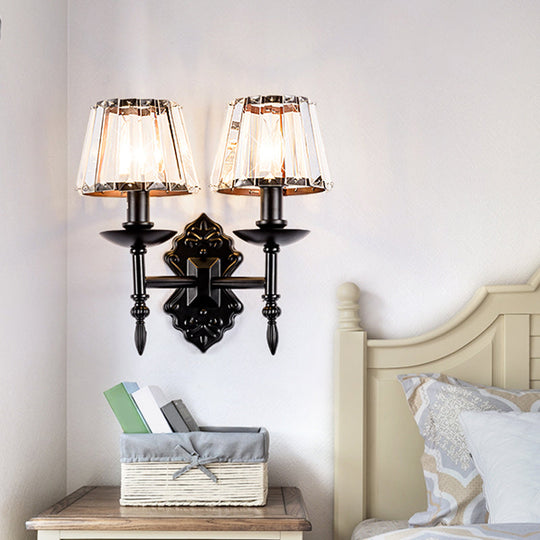 Simple Crystal Prisms Cone Wall Lamp - Black Candlestick Design 1/2-Head Light