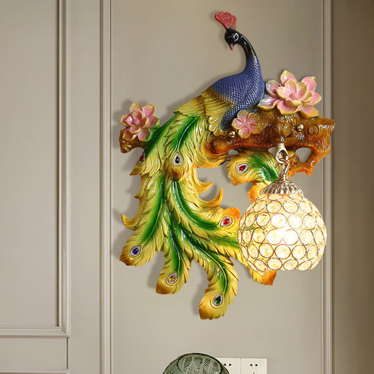 Traditional Blue-Green Bedroom Sconce With Peacock And Flower Design Single Head Wall Lighting
