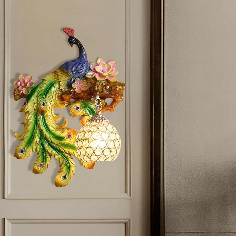 Traditional Blue-Green Bedroom Sconce With Peacock And Flower Design Single Head Wall Lighting