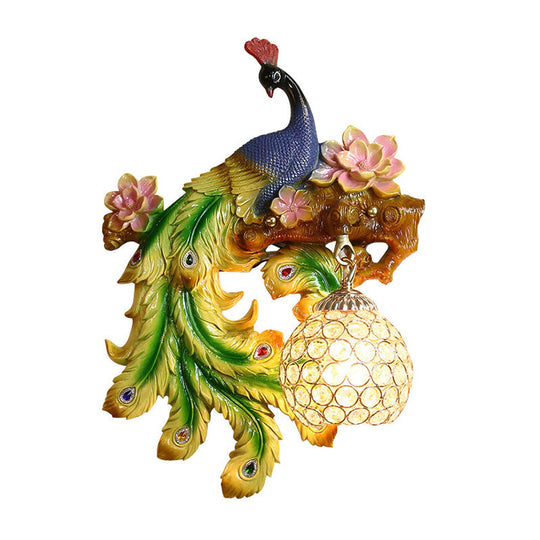 Traditional Blue-Green Bedroom Sconce With Peacock And Flower Design Single Head Wall Lighting