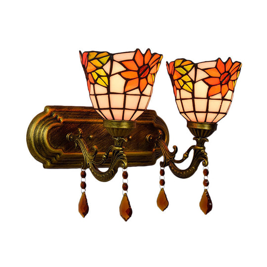 Tiffany Stained Glass Wall Sconce With Pink/Brown/Orange Crystal Accents - 2-Light Bowl Lighting