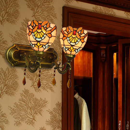 Tiffany Stained Glass Wall Sconce With Pink/Brown/Orange Crystal Accents - 2-Light Bowl Lighting