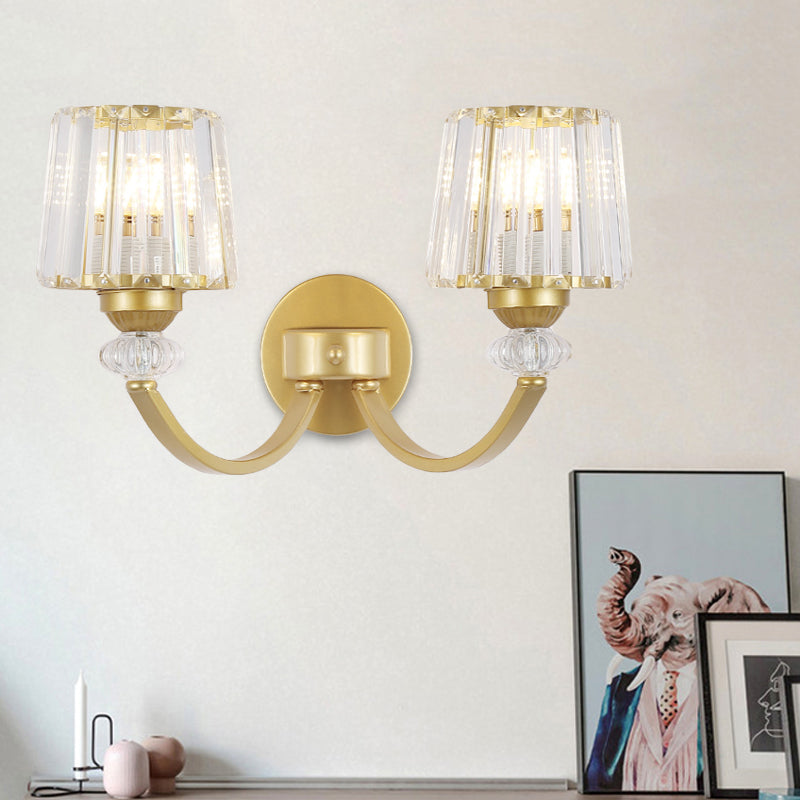 Modern Crystal Wall Lamp: Clear Barrel With Curved Arm In Black/Gold - 1/2-Light Mounted Lighting 2