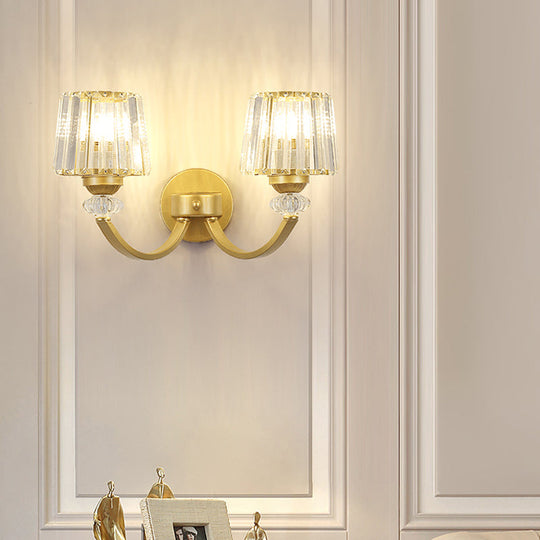 Modern Crystal Wall Lamp: Clear Barrel With Curved Arm In Black/Gold - 1/2-Light Mounted Lighting