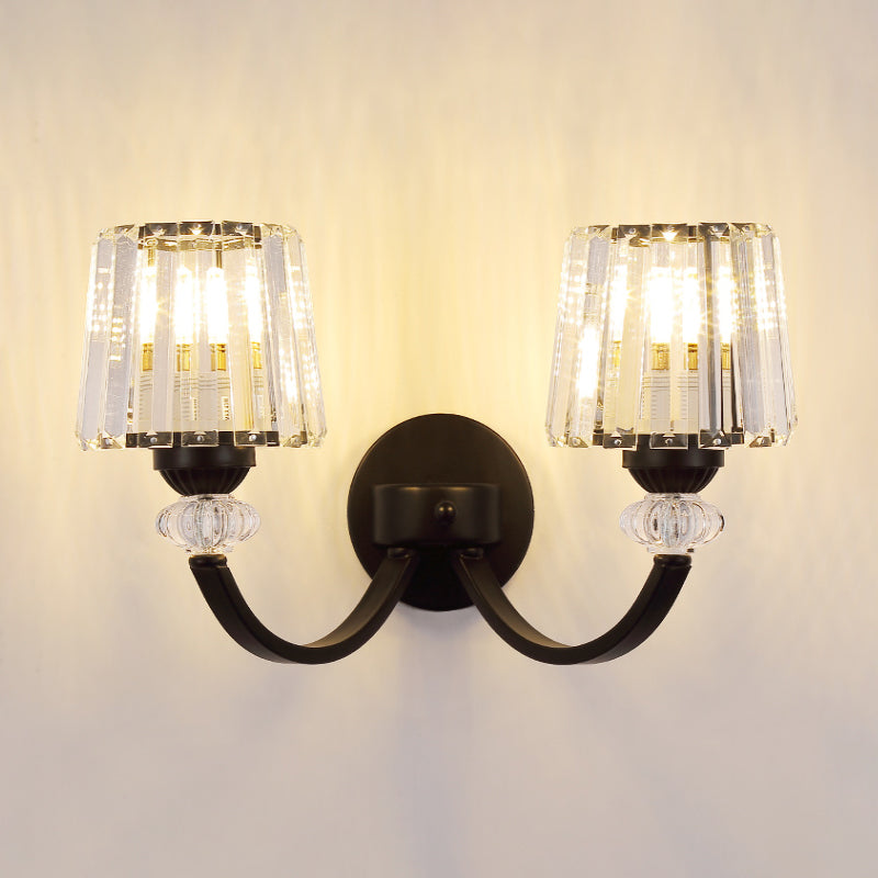Modern Crystal Wall Lamp: Clear Barrel With Curved Arm In Black/Gold - 1/2-Light Mounted Lighting