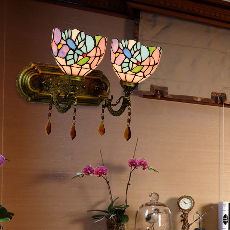 Tiffany Stained Glass Wall Sconce With Pink/Brown/Orange Crystal Accents - 2-Light Bowl Lighting