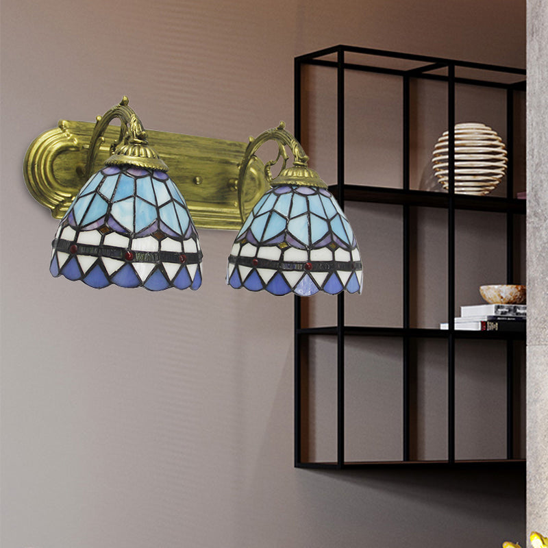 Blue Glass Baroque Dome Sconce Lamp: 2-Headed Wall Light For Bathroom