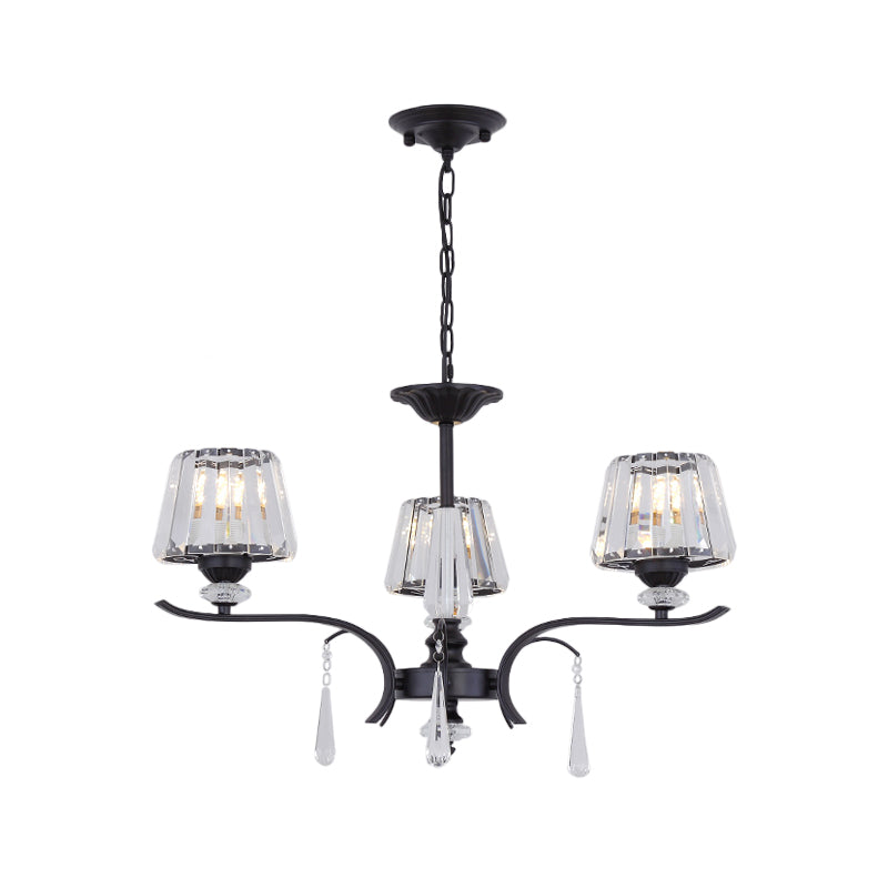 Simple Beveled Crystal Chandelier - 3 Lights Elegant Black Suspension Lamp With Droplet