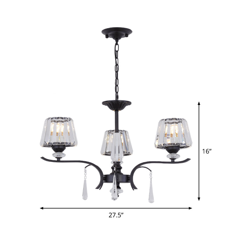 Simple Beveled Crystal Chandelier - 3 Lights Elegant Black Suspension Lamp With Droplet