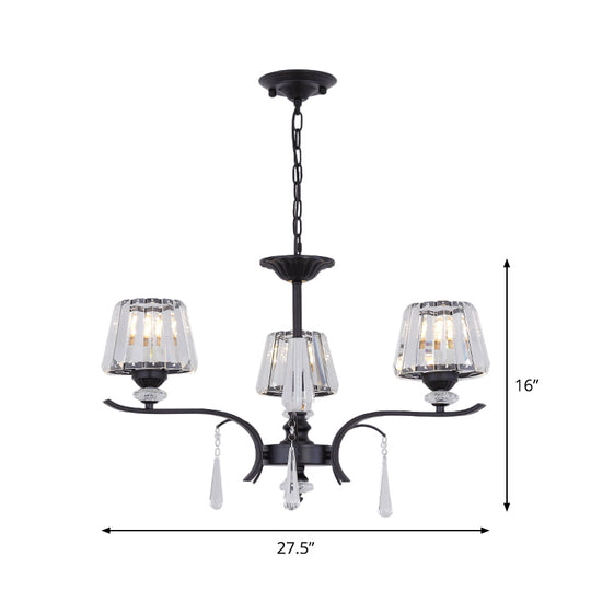 Simple Beveled Crystal Chandelier - 3 Lights Elegant Black Suspension Lamp With Droplet