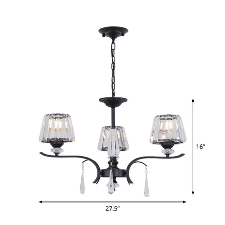 Black Beveled Crystal Conical Chandelier - Elegant 3-Light Ceiling Suspension Lamp With Droplet
