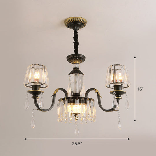 Modern Cone Crystal Chandelier Light With Down Lighting Pendant - 3/6-Head Black Design Featuring