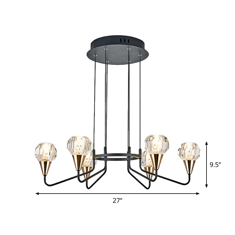 Minimalist Black Chandelier With Round Crystal Shade- 6/8 Bulbs Living Room Suspension Light