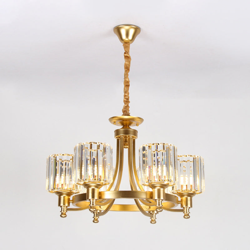 Contemporary Metal Round Chandelier - Gold Ceiling Pendant Light With Drum Crystal Prisms Shade