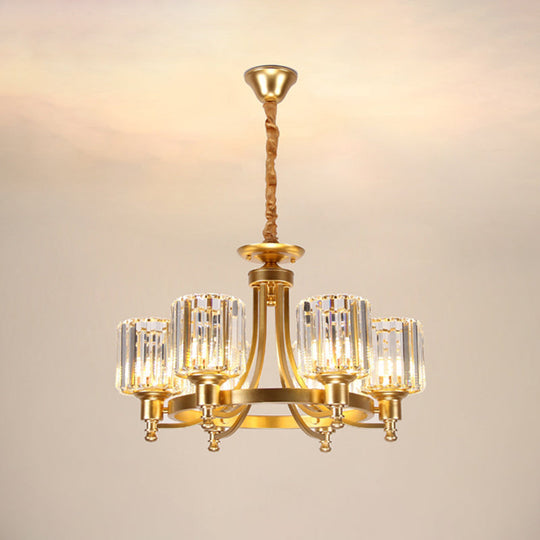 Contemporary Metal Round Chandelier - Gold Ceiling Pendant Light With Drum Crystal Prisms Shade