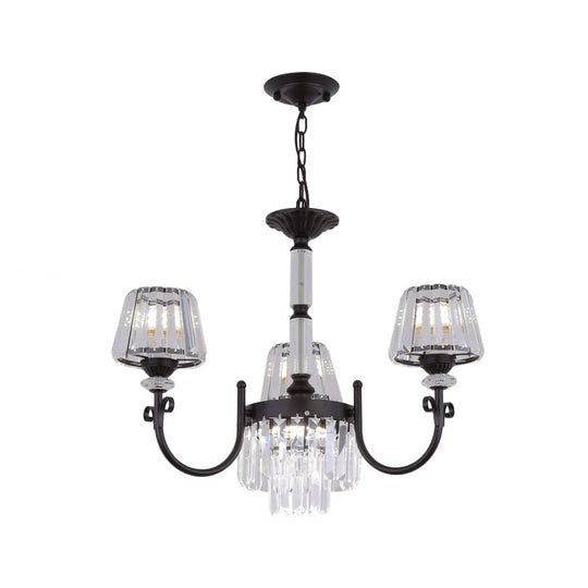 Modernist Black Conical Crystal Prisms Chandelier With Curved Arm - 3/6 Heads Drop Pendant