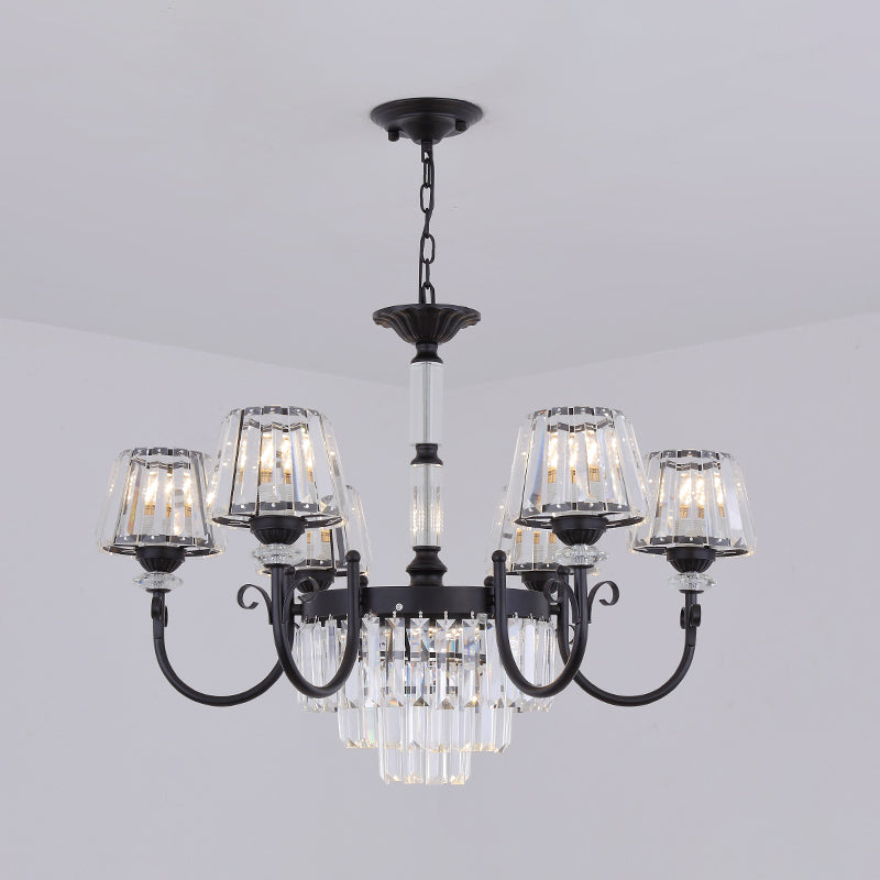 Modernist Black Conical Crystal Prisms Chandelier With Curved Arm - 3/6 Heads Drop Pendant