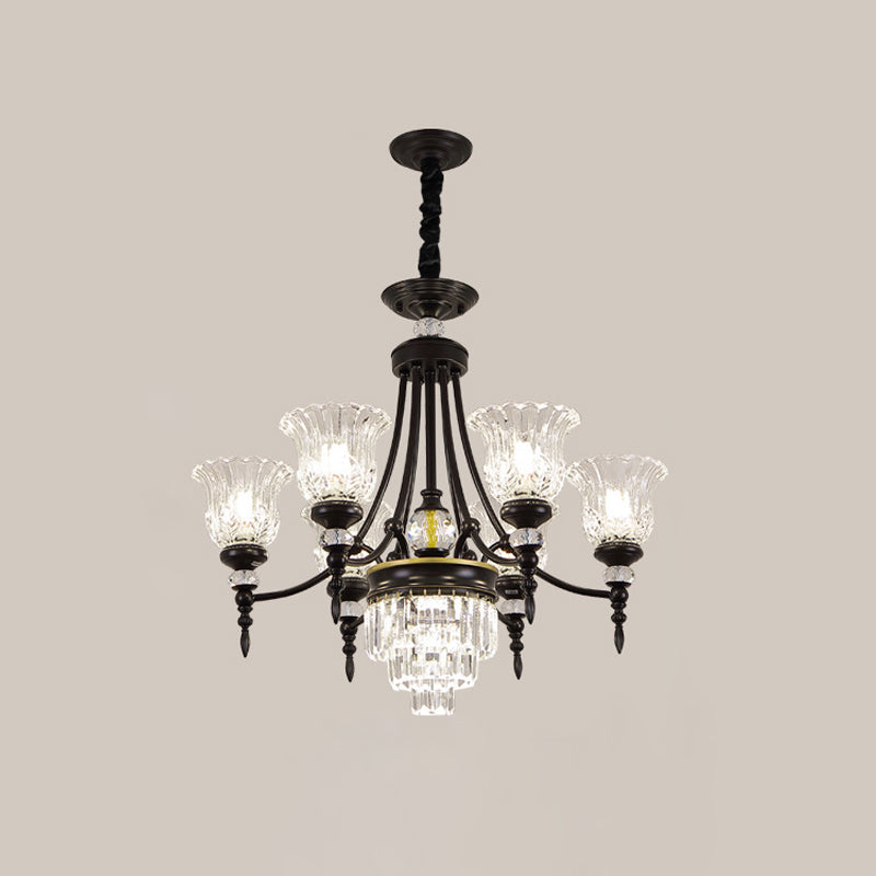 Modern 6/8 Bulbs Chandelier Black Flower Suspension Lamp With Crystal Shade