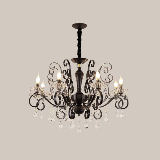 Black Chandelier With Crystal Strands - Metallic Candle Hanging Lamp Kit (6/8 Bulbs) Minimalistic