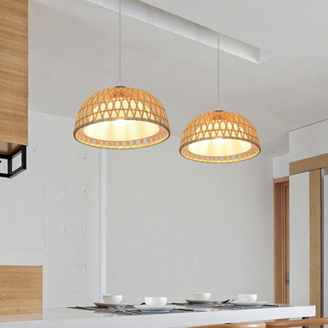 Wooden Asian Pendant Light For Restaurants - Dome Shaped Ceiling Hanging Lamp Beige 1-Light