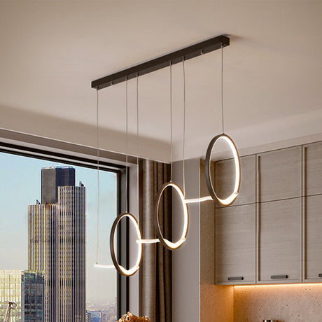 Modernist Led Hanging Chandelier Lamp Kit In Black/Gold With Metallic 3-Ringed Design Warm/White