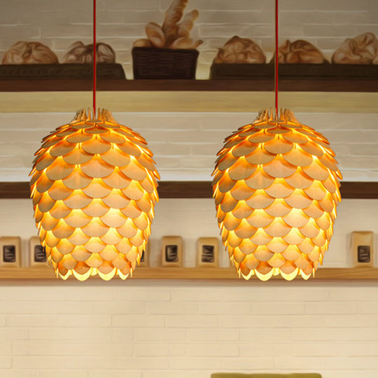 Rustic Pine Cone Hanging Light - Wooden Countryside Design 12/15 Width Beige Ideal For Dining Room