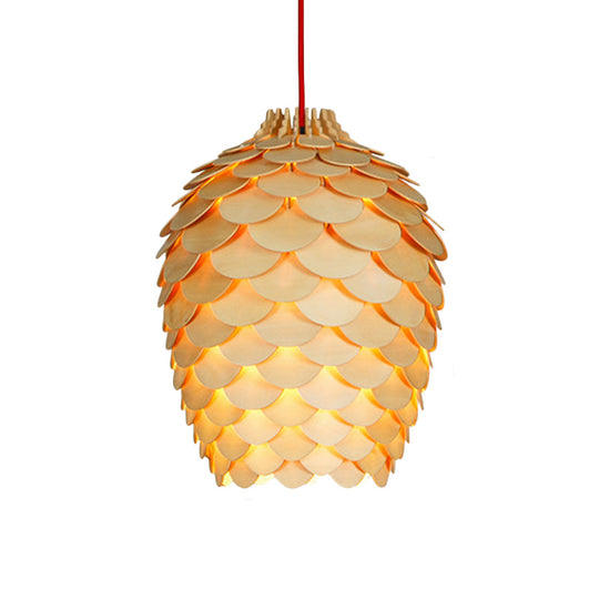Rustic Pine Cone Hanging Light - Wooden Countryside Design 12/15 Width Beige Ideal For Dining Room