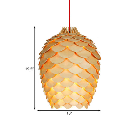 Rustic Pine Cone Hanging Light - Wooden Countryside Design 12/15 Width Beige Ideal For Dining Room