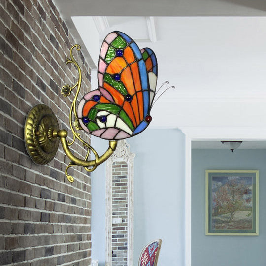 Rustic Loft Butterfly Stained Glass Wall Sconce In Blue/Orange - Mini & Stylish