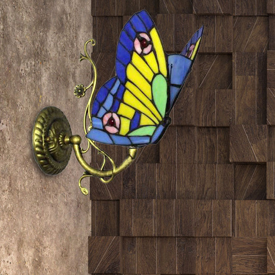Rustic Loft Butterfly Stained Glass Wall Sconce In Blue/Orange - Mini & Stylish