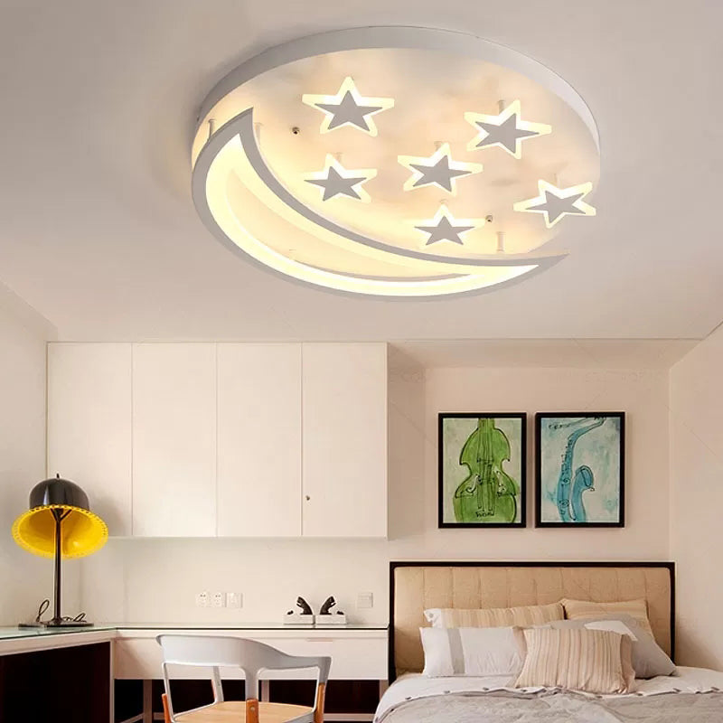 White Metal Moon And Star Flush Ceiling Light For Kid’s Cartoon Bedroom