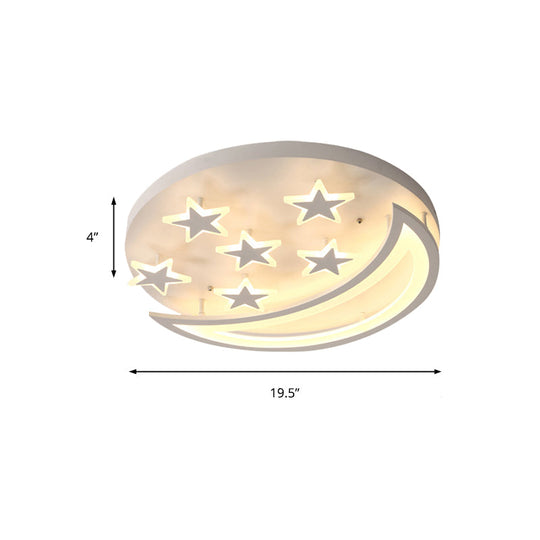 White Metal Moon And Star Flush Ceiling Light For Kids Cartoon Bedroom